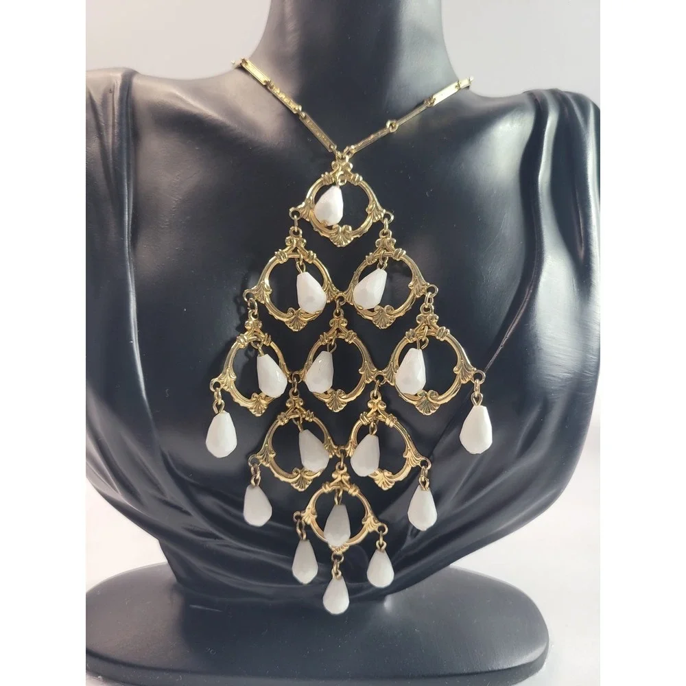 Gold Tone Chandelier Bib Necklace White Faceted Teardrop Beads Statement Necklac